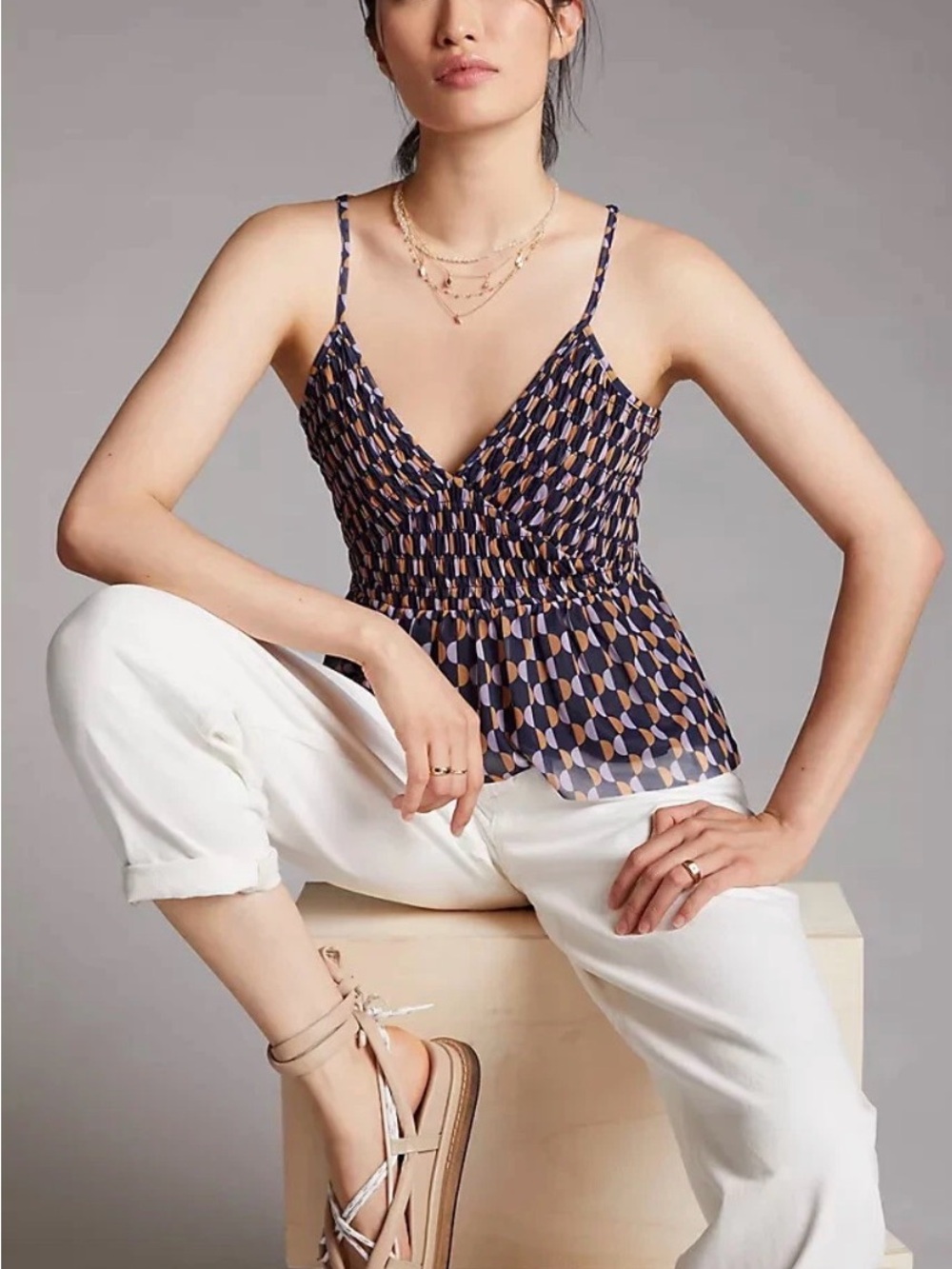 NEW Anthropologie Navy and Tan Geometric Smocked V-Neck Strappy Tank Top S NWT